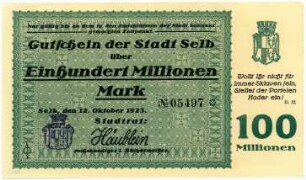 Geldschein / Notgeld, 100 Millionen Mark, 12.10.1923