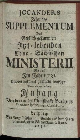 10: Jccanders ... Supplementum Des Geistlich-gesammten Itzt-lebenden Chur-Sächsischen Ministerii