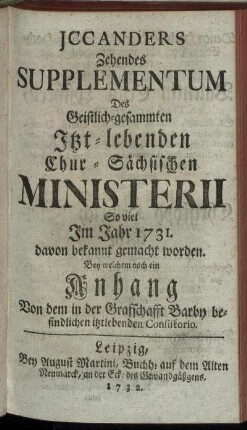 10: Jccanders ... Supplementum Des Geistlich-gesammten Itzt-lebenden Chur-Sächsischen Ministerii