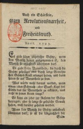 Auch ein Schärflein, gegen Revolutionsnarrheit, und Freiheitswuth : April. 1793