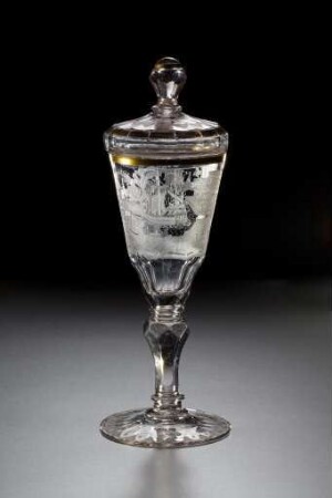Deckelpokal mit Hafenstadtszene und Monogramm "BG(?)D"
