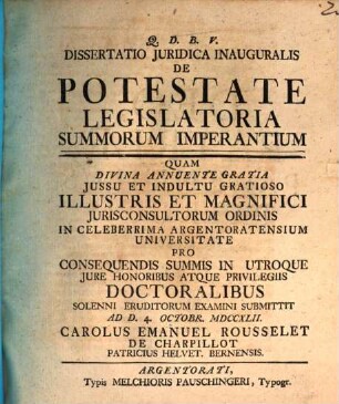 Diss. iur. inaug. de potestate legislatoria summorum imperantium