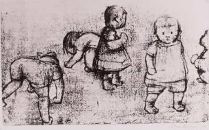 Zwei stehende, zwei gebückte Kinder und ein kauerndes