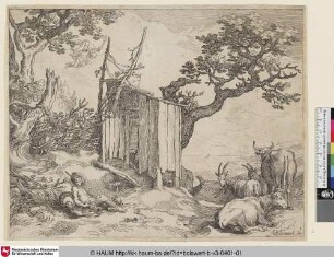 [Hütte im Zentrum, ein Hirte vorne links, zwei Kühe und zwei Ziegen vorne rechts, Merkur im Himmel; A shed with Mercury and argus]