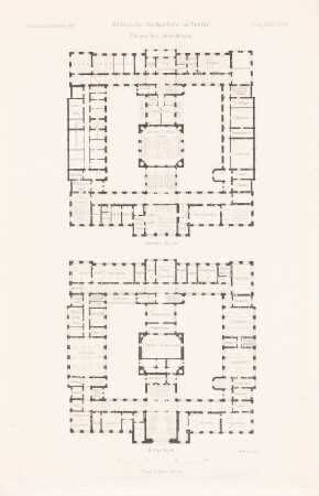 Technische Hochschule Berlin: Grundriss 1.OG, 2.OG Chemisches Laboratorium (aus: Atlas zur Zeitschrift für Bauwesen, hrsg. v. L.v.Tiedemann, Jg. 36, 1886)