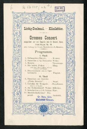 Liebig-Denkmal. Klinikfeier. Grosses Concert ausgeführt von der Capelle des 2. Grossh. Hess. Infant.-Regiment No. 116 : Programm