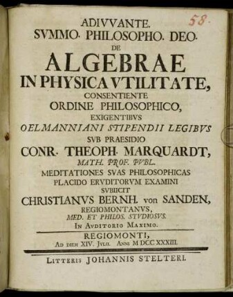 De Algebrae In Physica Vtilitate : Ad Diem XIV. Jvlii. Anni MDCCXXXIII.