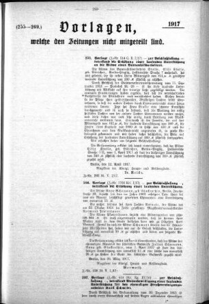 Anlage: (255-269), Vorlagen, welche den Zeitungen nicht mitgeteilt sind, 28. April 1917