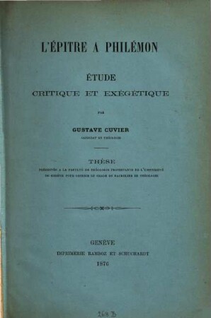 L' épitre à Philémon : Étude critique et exégétique par Gustave Cuvier. Thèse