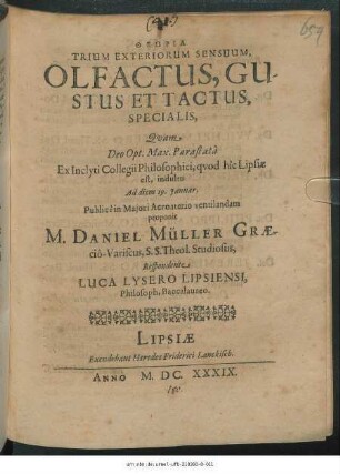 Theōria Trium Exteriorum Sensuum, Olfactus, Gustus Et Tactus, Specialis