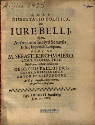 Dissertatio Politica, De Iure Belli