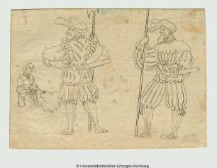 Schildhalterin, rechts daneben zwei Landsknechte