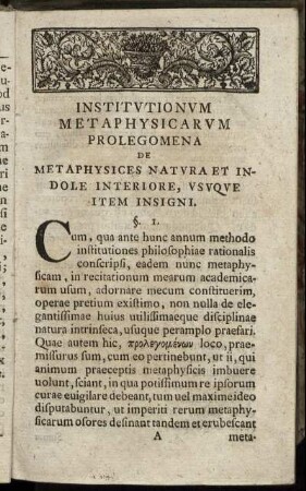 Institutionum Metaphysicarum Prolegomena De Metaphysices Natura Et Indole Interiore Usque Item Insigni.