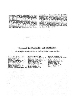 Verzeichnis der Buchhändler und Buchdrucker von welchen Verlagswerke in diesem Hefte angezeigt sind