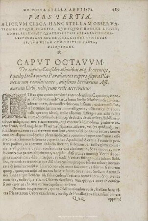 CAPUT OCTAVUM. De eorum Considerationibus atq, Sententijs, è quibq Stella omnis Parallaxeos expers, supra Planetarum revolutiones, altißimo Stellarum Affixarum Orbi, nobiscum rectè attribuitur.