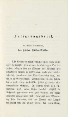 Zueignungsbrief. An Seine Durchlaucht, den Fürsten Pückler-Muskau