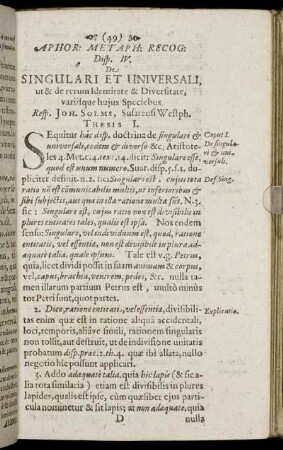 Disp. IV. De Singulari Et Universali, ut & de rerum Identitate & Diversitate, variisque hujus Speciebus.