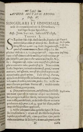 Disp. IV. De Singulari Et Universali, ut & de rerum Identitate & Diversitate, variisque hujus Speciebus.