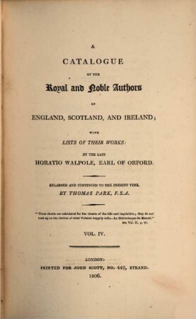 A catalogue of the royal and noble authors of England, Scotland and Ireland : with lists of their works, 4