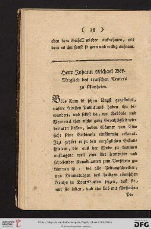 Herr Johann Michael Bök. Mitglied des teutschen Teaters zu Manheim