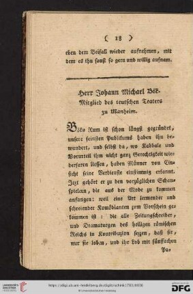 Herr Johann Michael Bök. Mitglied des teutschen Teaters zu Manheim