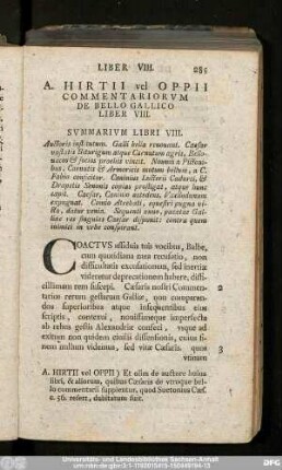 A. Hirtii vel Oppii Commentariorum De Bello Gallico Liber VIII.