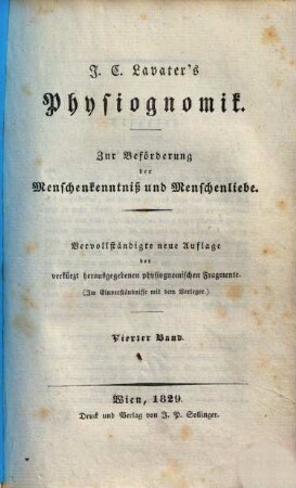 J. C. Lavater's Physiognomik : zur Beförderung der Menschenkenntnis und Menschenliebe. 4