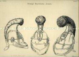 Uniformdarstellung, Detailstudie Helme der Kürassier-Regimenter, Königreich Bayern, 1830/1838. Beiblatt 1 zu Tafel XII aus: Müller/Braun: Königl. Bayerische Armee.