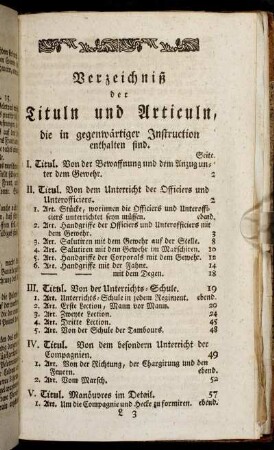 Verzeichniß der Tituln und Articuln, die in gegenwärtiger Instruction enthalten sind.