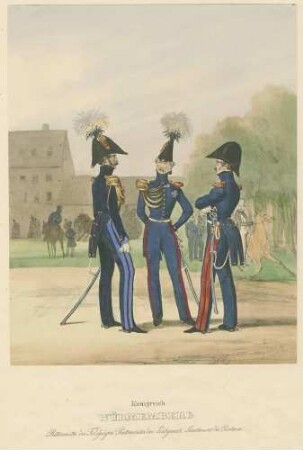 Rittmeister der Feldjäger, Rittmeister der Leibgarde, Lieutenant der Reiterei jeweils in Uniform, Mütze teils mit Orden
