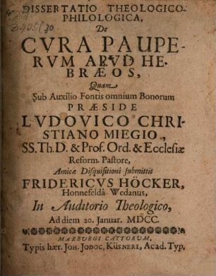 Diss. ... de cura pauperum apud Hebraeos