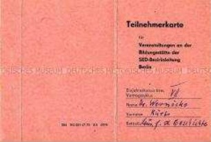 Teilnehmerkarte für Veranstaltungen an der Bildungsstätte der SED-Bezirksleitung Berlin