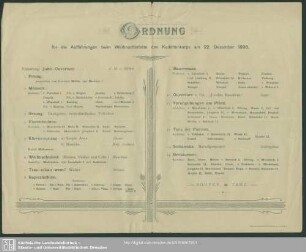 Ordnung für die Aufführungen beim Weihnachtsfeste des Kadettenkorps am 22. Dezember 1896