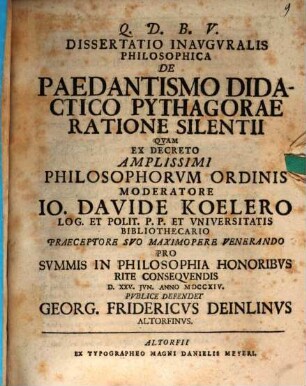 Diss. inaug. philos. de paedantismo didactico Pythagorae ratione silentii