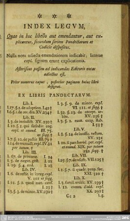 Index Legum, Quae in hoc libello aut emendantur, aut explicantur, secundum seriem Pandectarum et Codicis dispositus