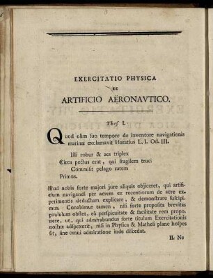 Exercitatio Physica De Artificio Aëronautico. / Physicalische Abhandlung von der Kunst in der Luft zu schiffen.