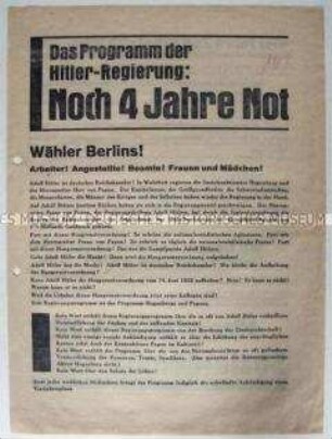 Propagandaflugblatt der SPD zur Reichstagswahl 1933 mit Bezug auf den Vierjahresplan der NSDAP