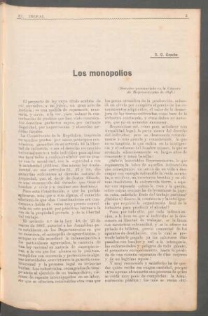 Los monopolios : (Discurso pronunciado en la Cámara de Representantes de 1898.)