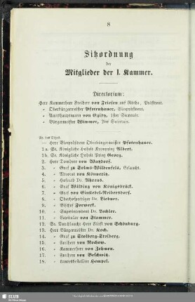 Sitzordnung der Mitglieder der I. Kammer