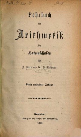 Lehrbuch der Arithmetik für Lateinschulen