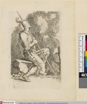 Salvator Rosa Invenit [Figur in Rüstung im Profil auf einem Stein sitzend]