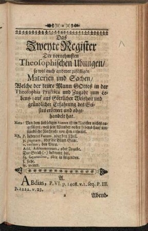 Das Zweyte Register Der vornehmsten Theosophischen Ubungen/ [...].