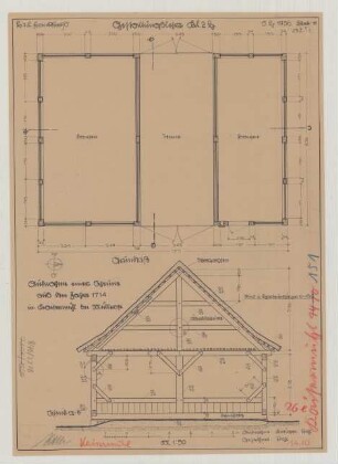 Kaisermühl (Kreis Lebus): [Hof Zachert]. Scheune (Grundriss, Schnitt)