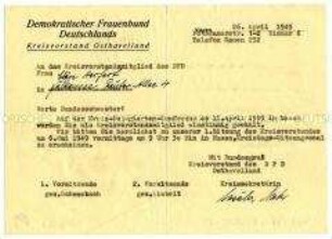 Schreiben zur Bestätigung der Wahl zum Mitglied des Kreisvorstandes des DFD - Personenkonvolut