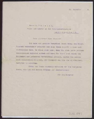 Schreiben an H. Phieler, Maler und Lehrer an der Kunstgewerbeschule in Elberfeld (Brief)
