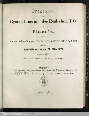 1873/74: Programm des Gymnasiums und der Realschule I. Ordnung zu Plauen
