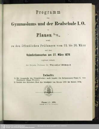1873/74: Programm des Gymnasiums und der Realschule I. Ordnung zu Plauen