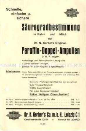 Säuregradbestimmung in Rahm und Milch mit Dr. N. Gerber`s Original-Paraffin-Doppel-Ampullen / Nr. 290