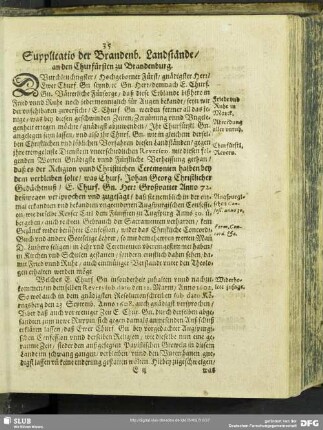 Supplicatio der Brandenb. Landstände, an den Churfürsten zu Brandenburg