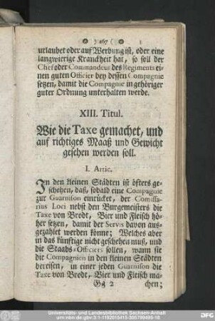 XIII. Titul. Wie die Taxe gemachet, und auf richtiges Maaß und Gewicht gesehen werden soll.